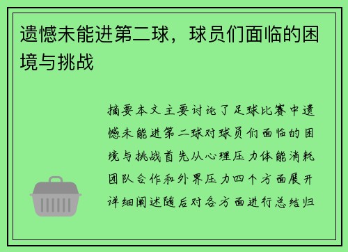 遗憾未能进第二球，球员们面临的困境与挑战